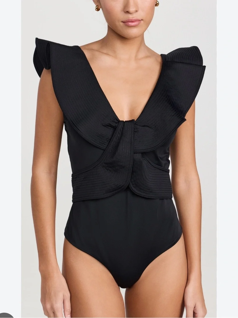 Johanna Ortiz Black One-Piece with Dramatic Ruffle V-Neck Island Rhythms